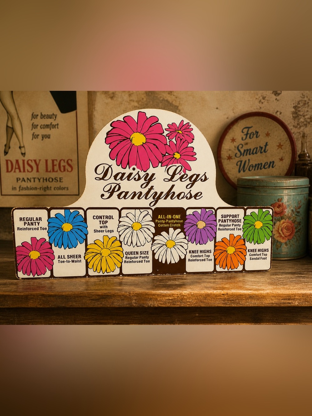 Vintage Daisy Legs Pantyhose Store Display Sign Retro 1970s Floral Advertise